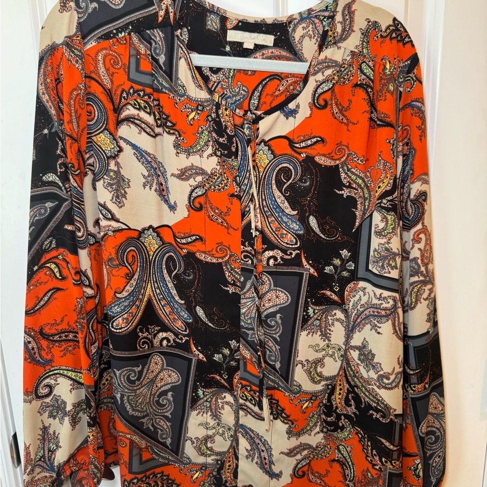 Joan Vass Vibrant Orange and Black Paisley Blouse
